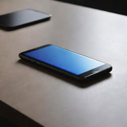 A sleek and modern smartphone, reflectively gleaming under ambient light, resting on a smooth table surface.