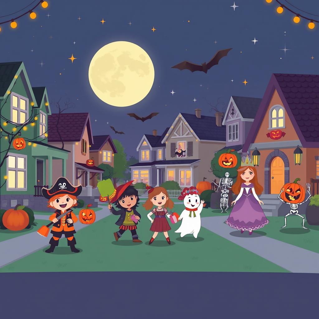 A lively Halloween scene in a flat cartoon style, depicting a busy suburban street at nighttime