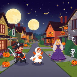 A lively Halloween scene in a flat cartoon style, depicting a busy suburban street at nighttime