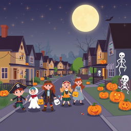 A lively Halloween scene in a flat cartoon style, depicting a busy suburban street at nighttime