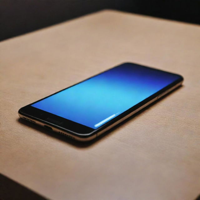 A sleek and modern smartphone, reflectively gleaming under ambient light, resting on a smooth table surface.