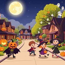 A whimsical Halloween scene in HD flat cartoon style, capturing the essence of a bustling suburban street on Halloween night