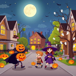 A whimsical Halloween scene in HD flat cartoon style, capturing the essence of a bustling suburban street on Halloween night