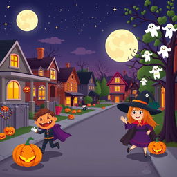 A whimsical Halloween scene in HD flat cartoon style, capturing the essence of a bustling suburban street on Halloween night