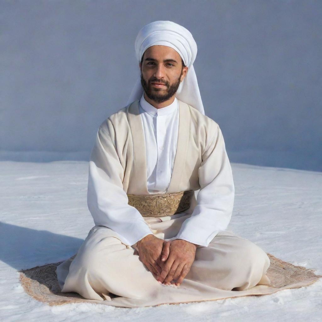 A 30-year-old man dressed in Arabic attire, featuring a white abaya and a beige dashdasha, sits cross-legged on a snowy ground, viewed from his right side.