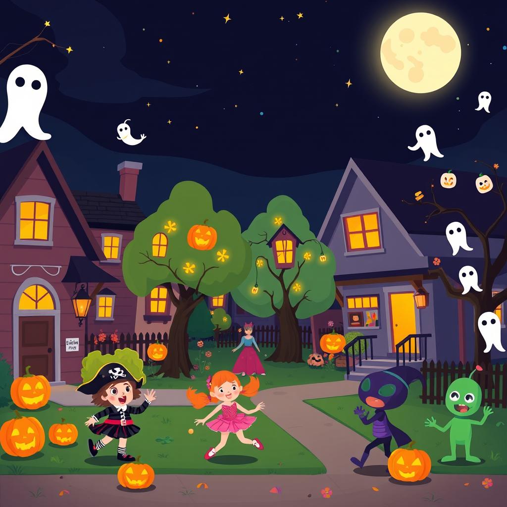 A vibrant Halloween night scene in a flat cartoon style, showcasing a playful neighborhood alive with Halloween spirit