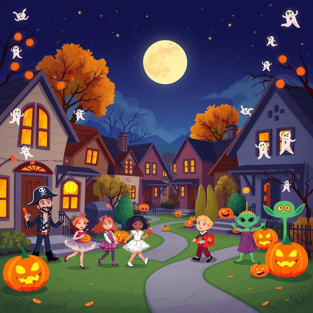 A vibrant Halloween night scene in a flat cartoon style, showcasing a playful neighborhood alive with Halloween spirit