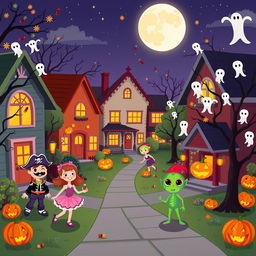 A vibrant Halloween night scene in a flat cartoon style, showcasing a playful neighborhood alive with Halloween spirit