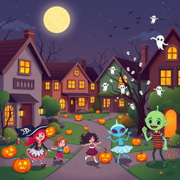 A vibrant Halloween night scene in a flat cartoon style, showcasing a playful neighborhood alive with Halloween spirit