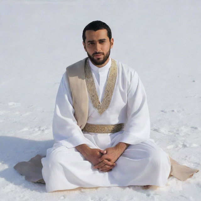 A 30-year-old man dressed in Arabic attire, featuring a white abaya and a beige dashdasha, sits cross-legged on a snowy ground, viewed from his right side.