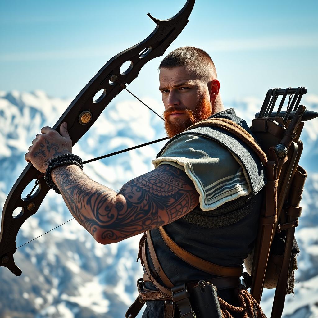 A Caucasian man with intricate tattoos wielding a massive crossbow on his back, standing majestically against the backdrop of the serene white mountains