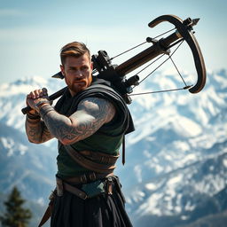 A Caucasian man with intricate tattoos wielding a massive crossbow on his back, standing majestically against the backdrop of the serene white mountains