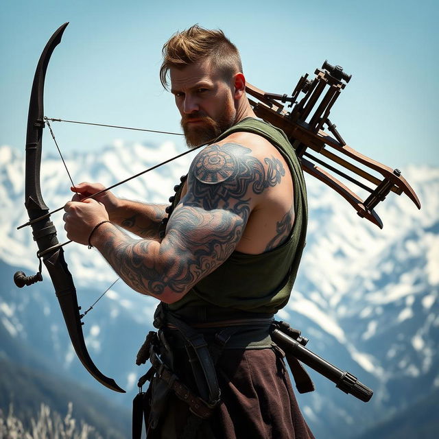 A Caucasian man with intricate tattoos wielding a massive crossbow on his back, standing majestically against the backdrop of the serene white mountains