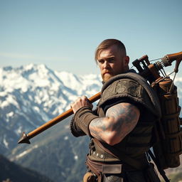 A Caucasian man with intricate tattoos wielding a massive crossbow on his back, standing majestically against the backdrop of the serene white mountains