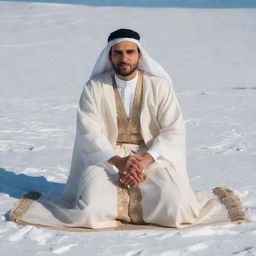 A 30-year-old man dressed in Arabic attire, featuring a white abaya and a beige dashdasha, sits cross-legged on a snowy ground, viewed from his right side.