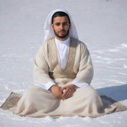 A 30-year-old man dressed in Arabic attire, featuring a white abaya and a beige dashdasha, sits cross-legged on a snowy ground, viewed from his right side.