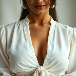 An extreme close-up shot focusing on the chest area of a gorgeous Indian woman with bangs, wearing a white blouse tied at the front