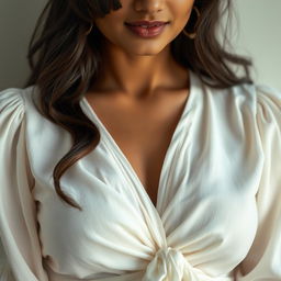 An extreme close-up shot focusing on the chest area of a gorgeous Indian woman with bangs, wearing a white blouse tied at the front