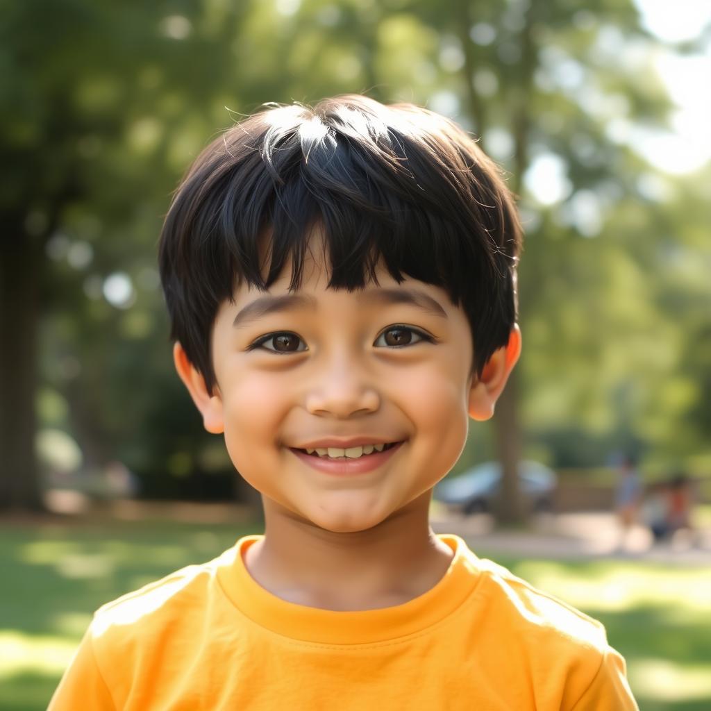 A young boy with black hair, displaying a warm and friendly smile