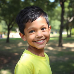 A young boy with black hair, displaying a warm and friendly smile