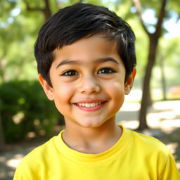 A young boy with black hair, displaying a warm and friendly smile