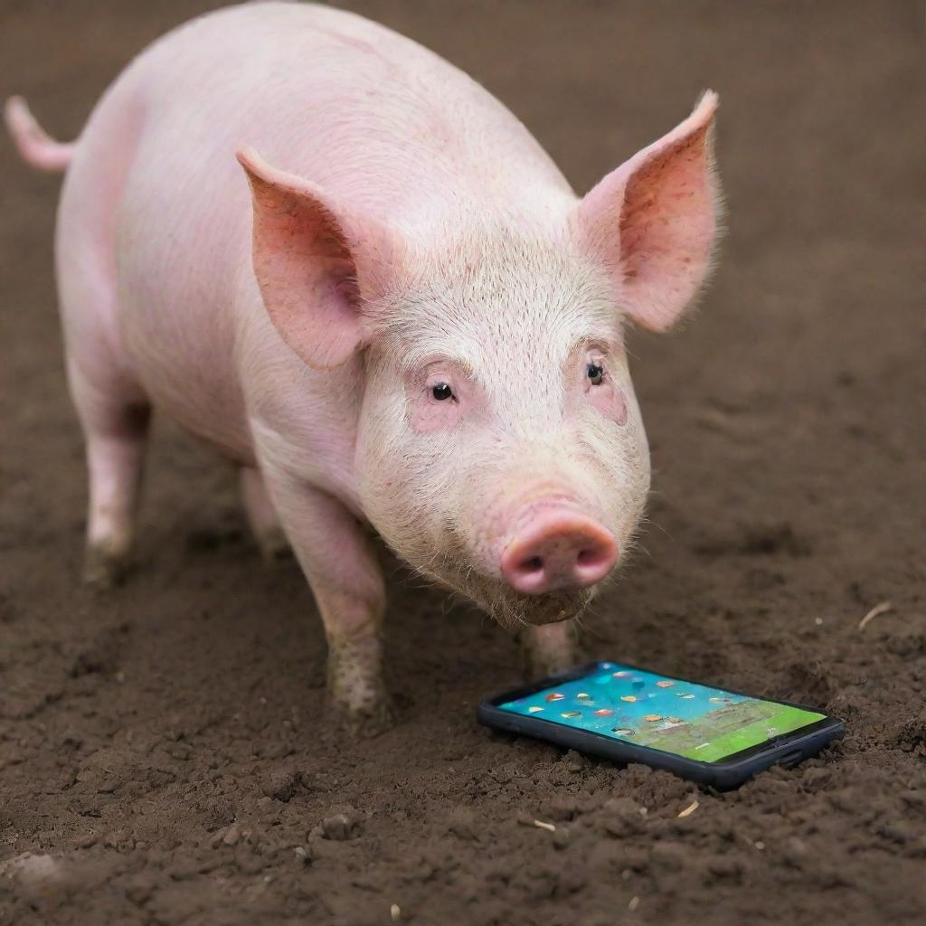 A humorous scene of a pig curiously sniffing and nibbling at a durable, brightly colored smartphone placed on a mud patch.