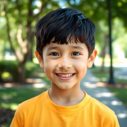 A young boy with black hair, displaying a warm and friendly smile