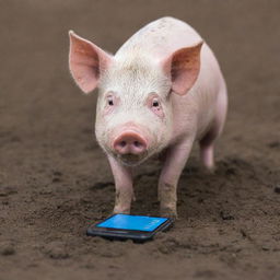 A humorous scene of a pig curiously sniffing and nibbling at a durable, brightly colored smartphone placed on a mud patch.