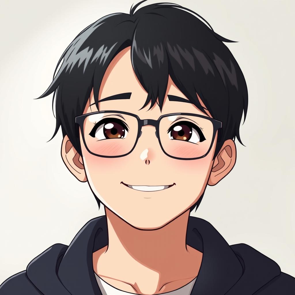 Anime style portrait of a boy with black wolfcut hair, wearing glasses