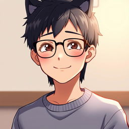 Anime style portrait of a boy with black wolfcut hair, wearing glasses