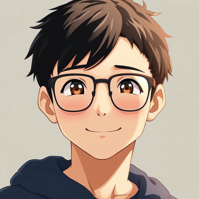 Anime style portrait of a boy with black wolfcut hair, wearing glasses