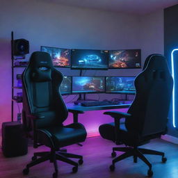 A futuristic gaming setup with a high-end computer, neon LED lights, multiple monitors displaying vivid game graphics, a gaming chair and VR set.