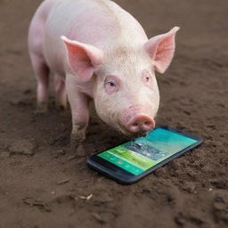 A humorous scene of a pig curiously sniffing and nibbling at a durable, brightly colored smartphone placed on a mud patch.