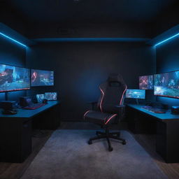 A futuristic gaming setup with a high-end computer, neon LED lights, multiple monitors displaying vivid game graphics, a gaming chair and VR set.