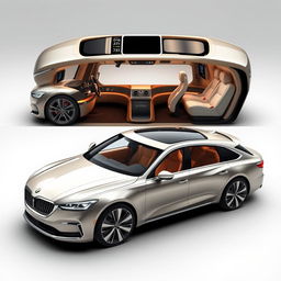 A luxurious business class car designed as a saloon, featuring elegant, smooth lines and an opulent interior