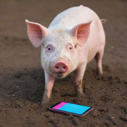 A humorous scene of a pig curiously sniffing and nibbling at a durable, brightly colored smartphone placed on a mud patch.