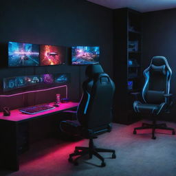 A futuristic gaming setup with a high-end computer, neon LED lights, multiple monitors displaying vivid game graphics, a gaming chair and VR set.