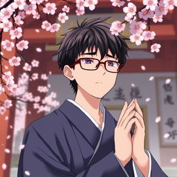 A young man with glasses, depicted as a traditional Japanese shrine priest, in a moment of prayer