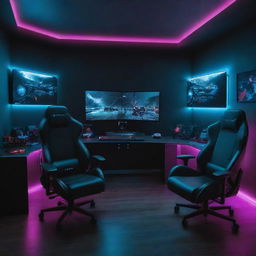 A futuristic gaming setup with a high-end computer, neon LED lights, multiple monitors displaying vivid game graphics, a gaming chair and VR set.