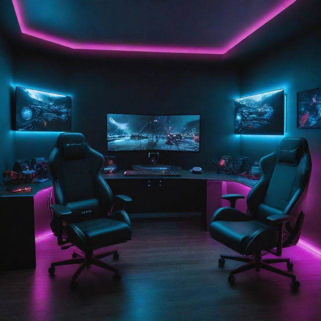 A futuristic gaming setup with a high-end computer, neon LED lights, multiple monitors displaying vivid game graphics, a gaming chair and VR set.