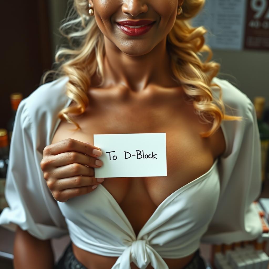 A very close-up shot of an Indian torso, featuring a luxurious golden updo hairstyle, with a white blouse tied in the front, showcasing a prominent chest and cleavage