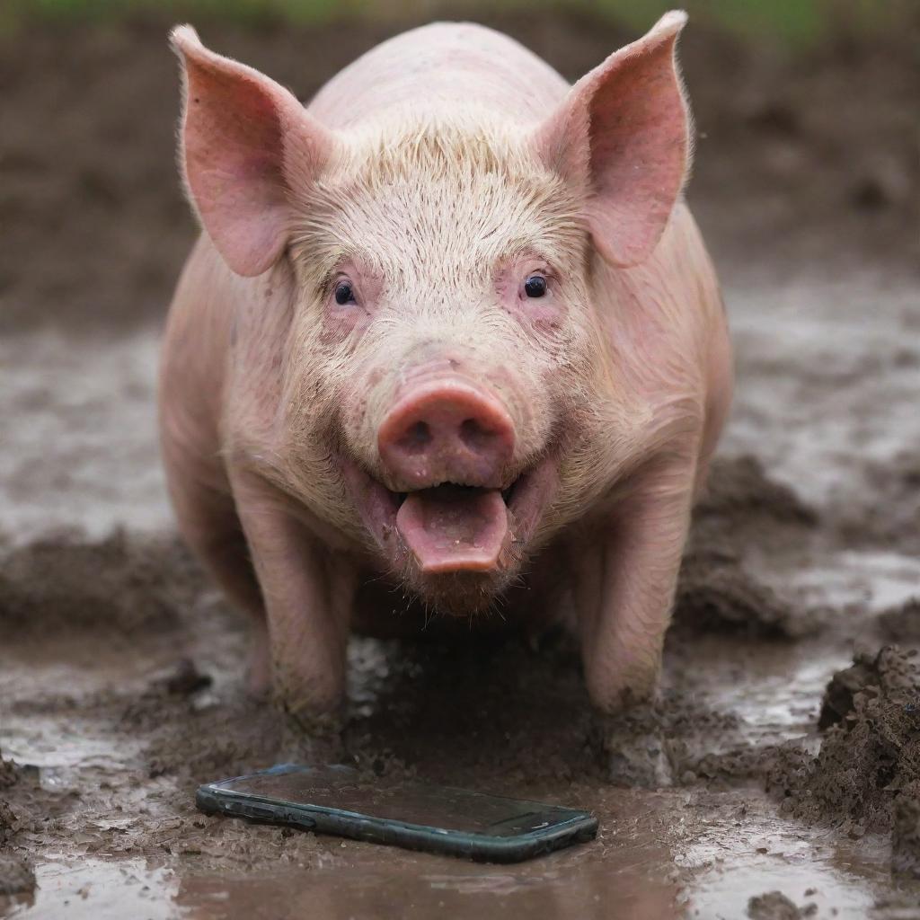 An intense scene of a ferocious pig grunting and snarling, determinedly gnawing at a resilient, brightly colored smartphone amidst a muddy environment.