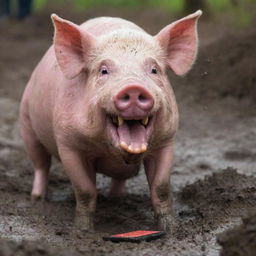 An intense scene of a ferocious pig grunting and snarling, determinedly gnawing at a resilient, brightly colored smartphone amidst a muddy environment.