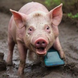 An intense scene of a ferocious pig grunting and snarling, determinedly gnawing at a resilient, brightly colored smartphone amidst a muddy environment.