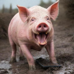 An intense scene of a ferocious pig grunting and snarling, determinedly gnawing at a resilient, brightly colored smartphone amidst a muddy environment.