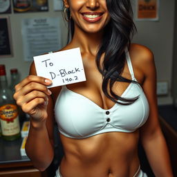 A full body view of a beautiful Indian woman with an extremely close-up shot of her torso, wearing a white bra, showcasing a prominent chest and cleavage