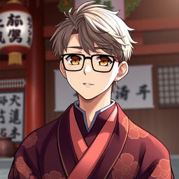 A young man with glasses, serving as a traditional Japanese shrine priest, depicted in an anime style