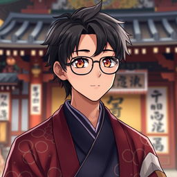 A young man with glasses, serving as a traditional Japanese shrine priest, depicted in an anime style