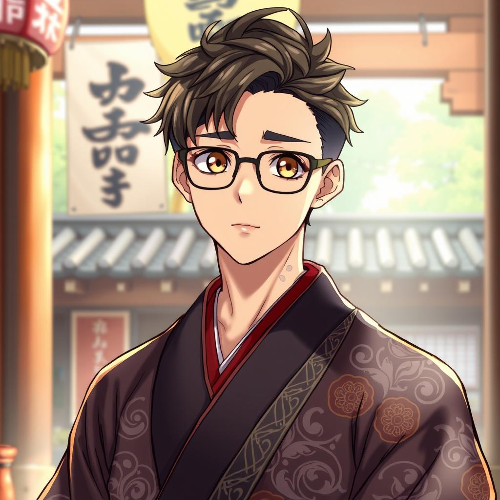 A young man with glasses, serving as a traditional Japanese shrine priest, depicted in an anime style