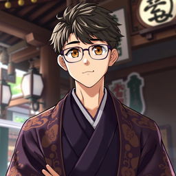 A young man with glasses, serving as a traditional Japanese shrine priest, depicted in an anime style